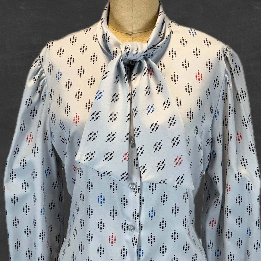 VINTAGE‎ 80s ascot bow tie blouse Judy Bond geometric lightweight button down